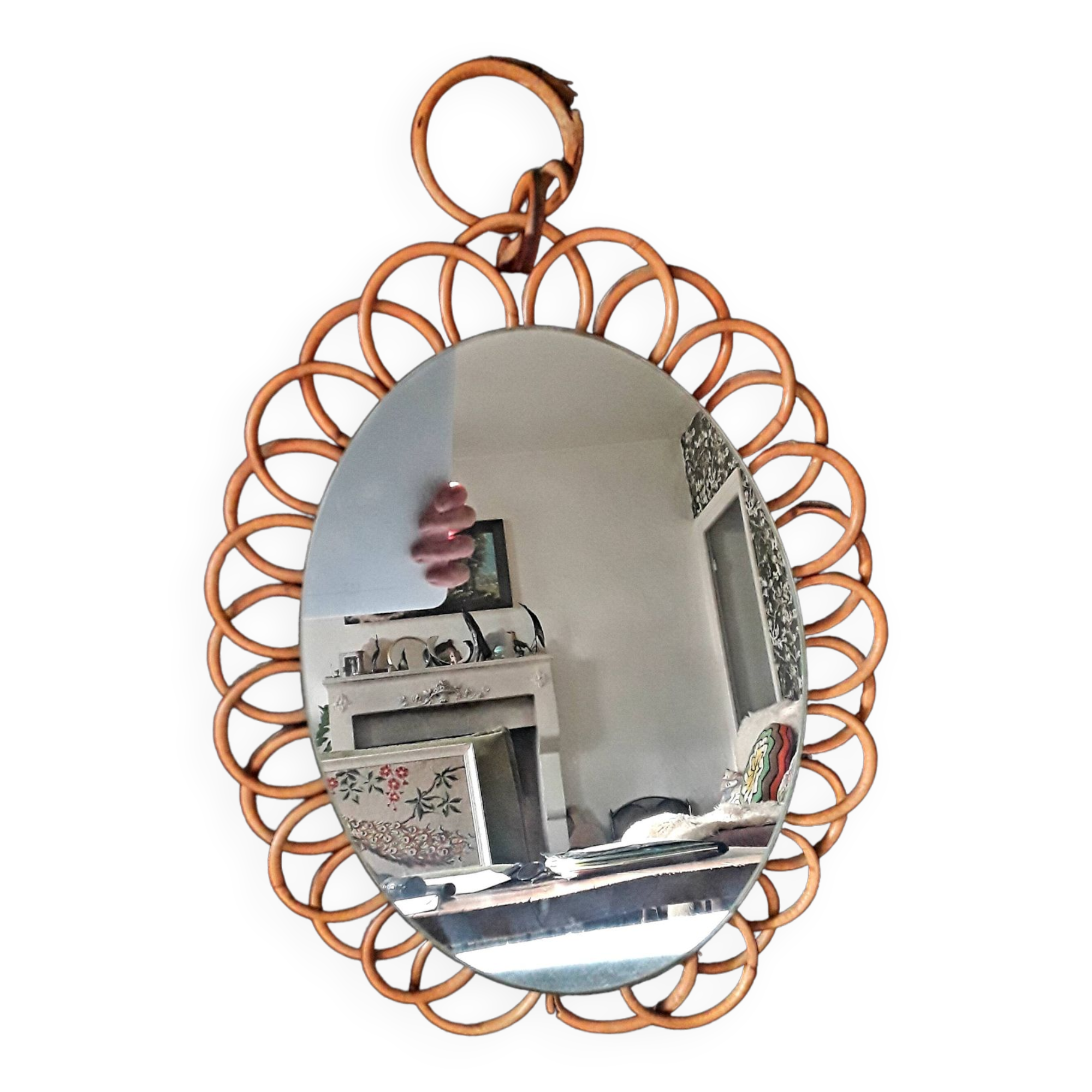 Miroir marguerite vintage en rotin