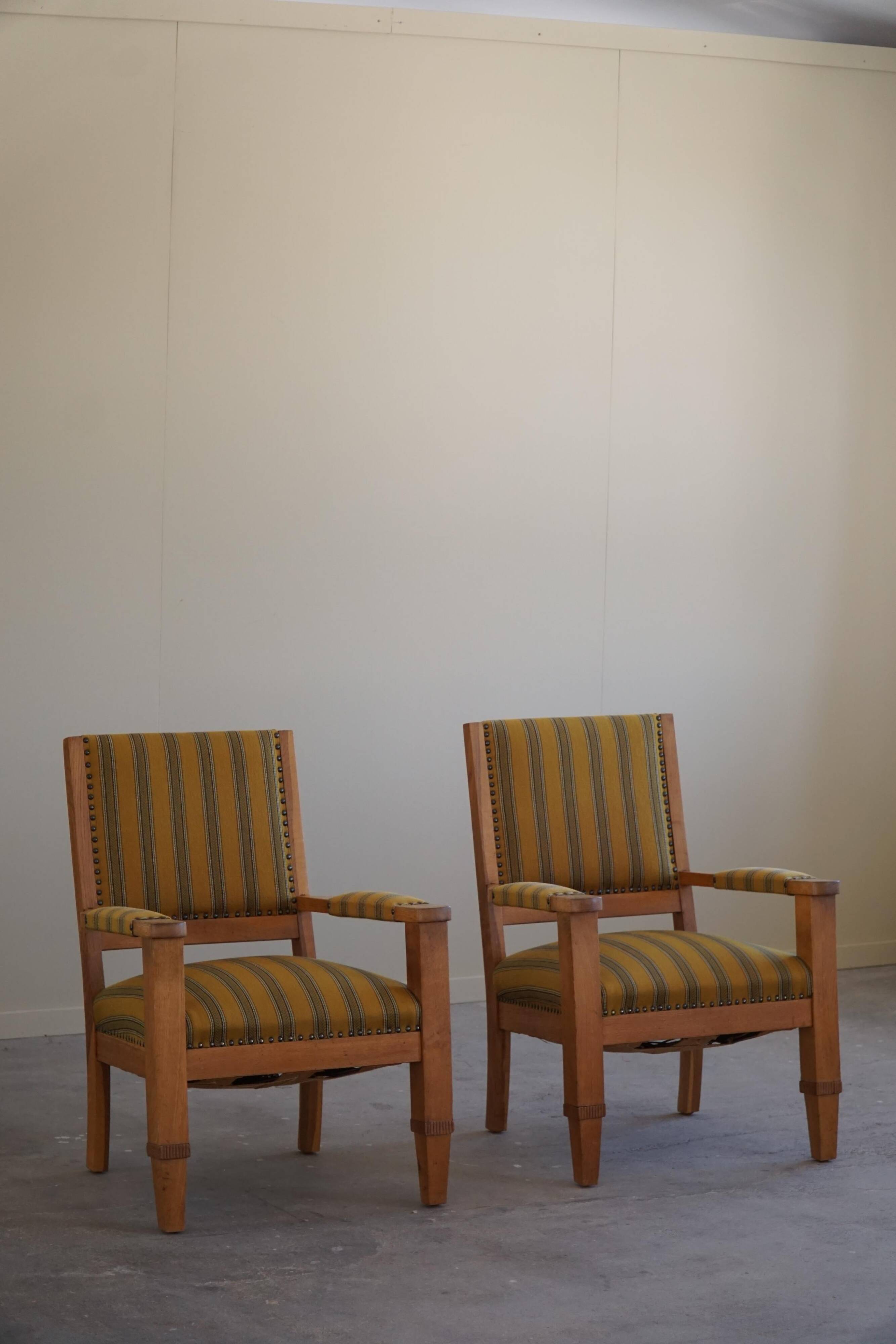 Pair of Art Deco armchairs in oak and fabric, Danish cabinetmaker, 1940s