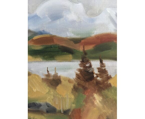 Peinture à l’huile de paysage expressionniste suédoise, encadrée  « Autumn View »