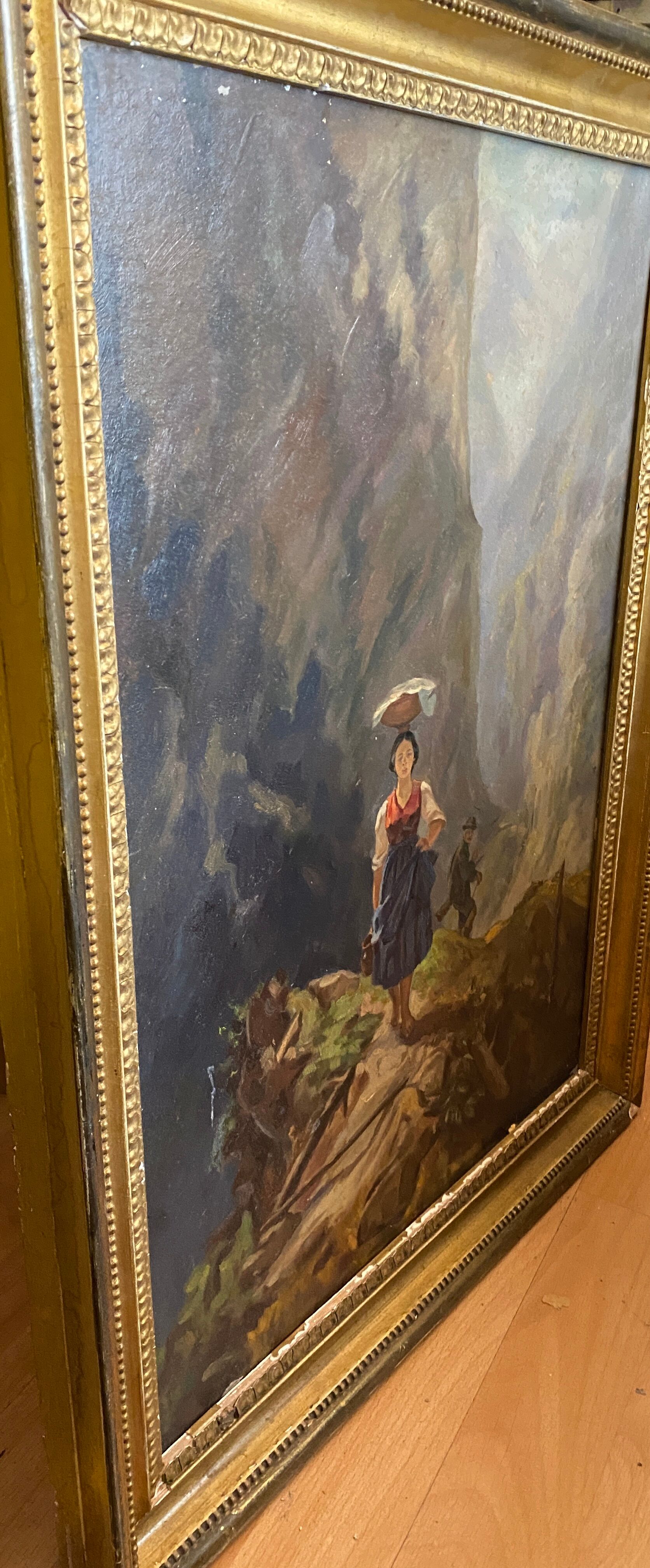 Tableau Scène de montagne avec personnages chasseur porteuse d'eau XIX°