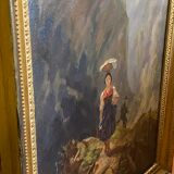 Painting Mountain scene with characters hunter carrying water XIX°