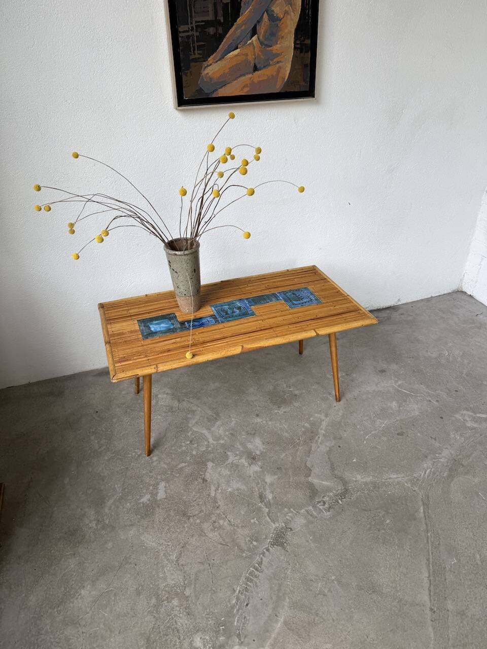 Rattan and ceramic coffee table, 60s