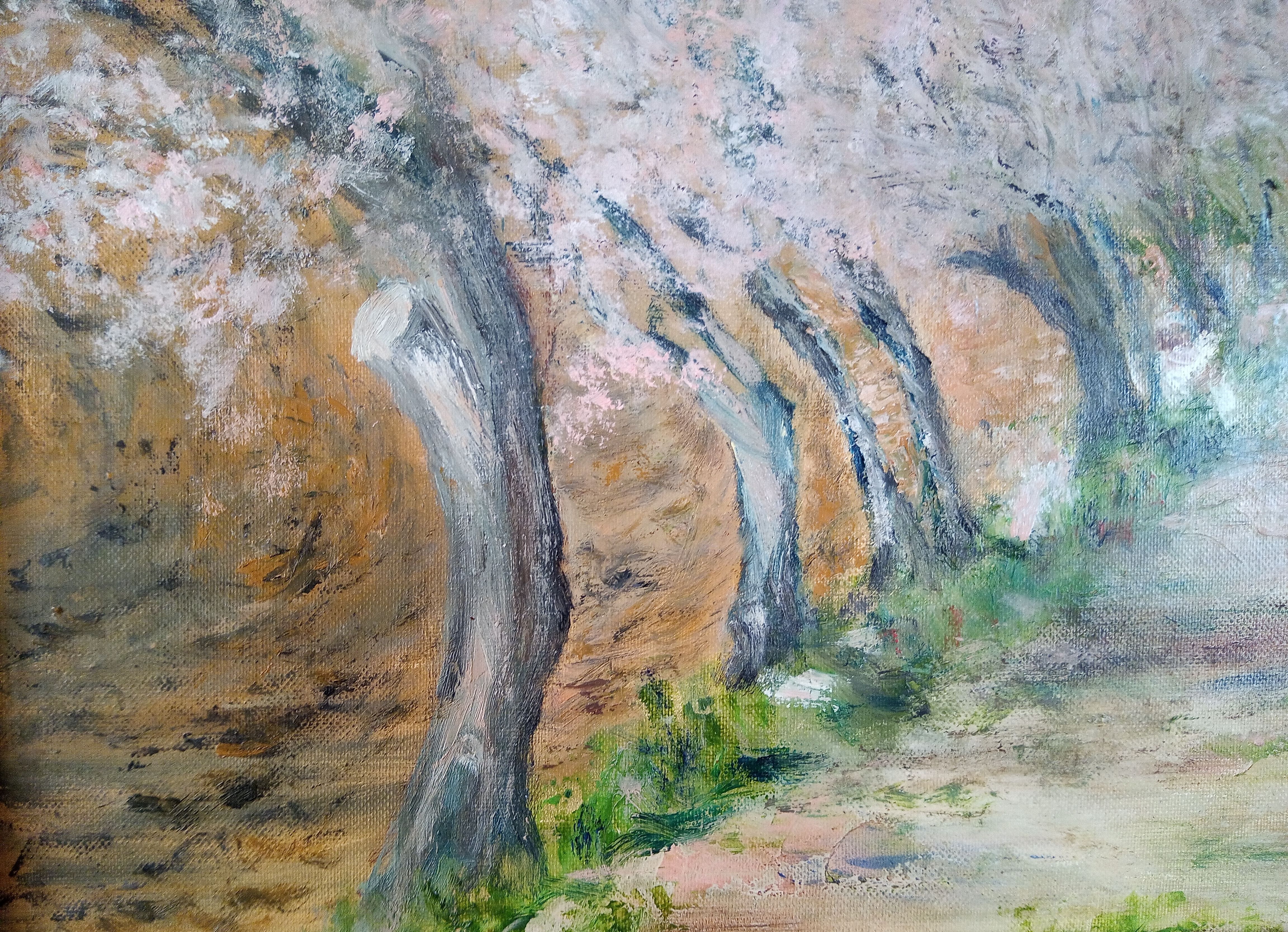 Impressionist oil on panel, spring landscape, signed, framed