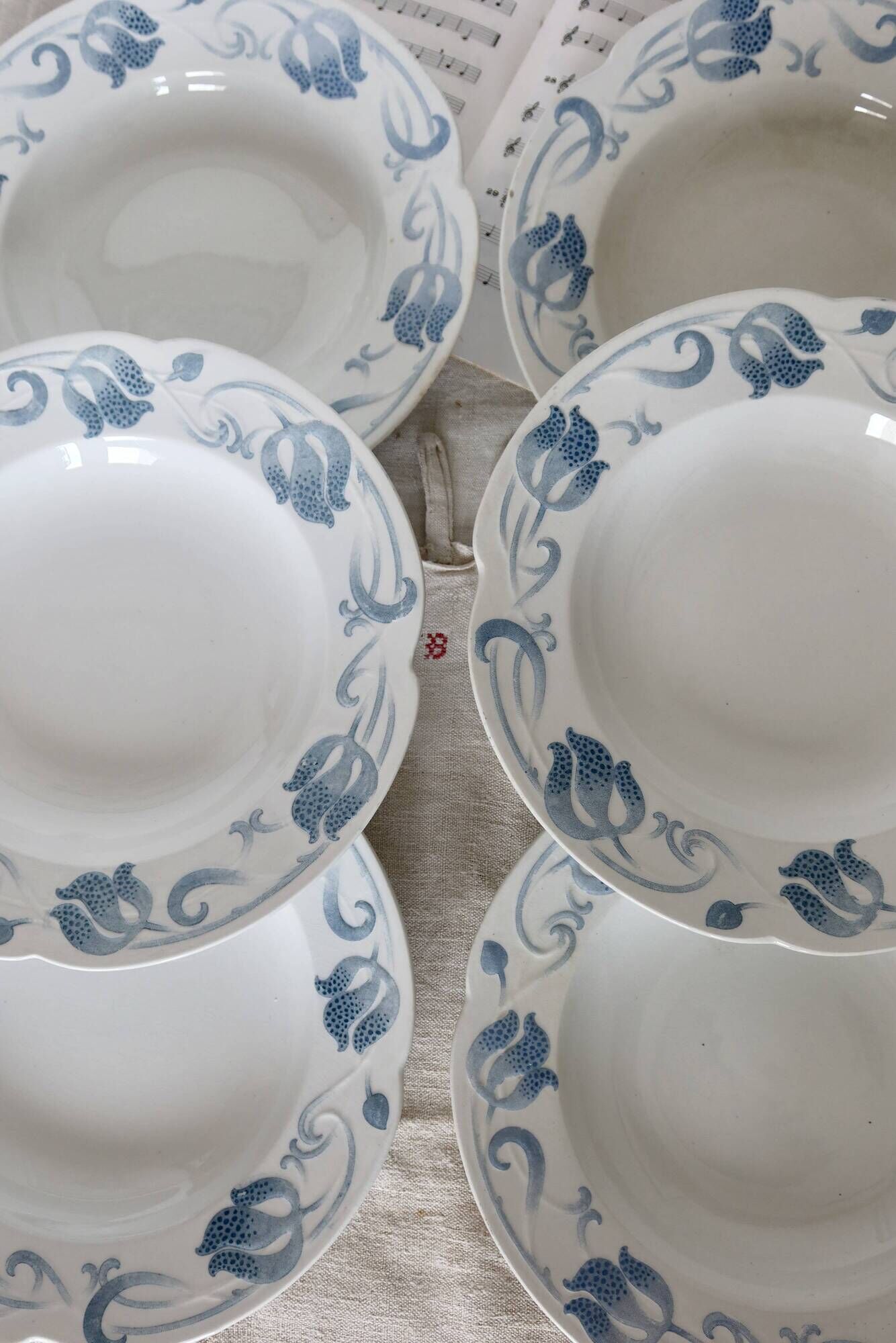 6 soup plates - Tircis model - Antique 82-piece Sarreguemines earthenware dinnerware set