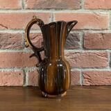 German Pitcher with Vertical Brown Stripes and Rococo Style Handle, Vintage Ceramic Made from Red Cl