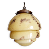 Lampe à suspension art déco en glaçure opaline, gemarmerd, messing, jaren 1930