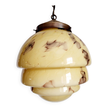 Art Deco pendant lamp in opaline glaze, marbled, brass, 1930s