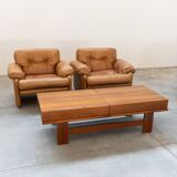 Pair of armchairs with cognac-colored pouf, "Coronado" model by Afra & Tobia scarpa for B&B It