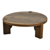 Table basse ronde en chêne massif, style brutaliste des années 1970