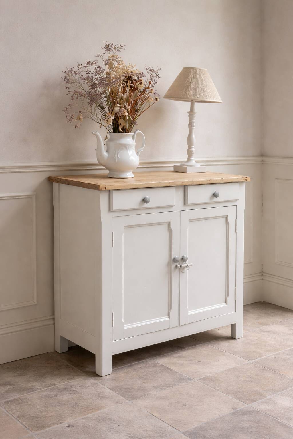 Vintage Parisian buffet re-enchanted in pearl grey, wooden top.