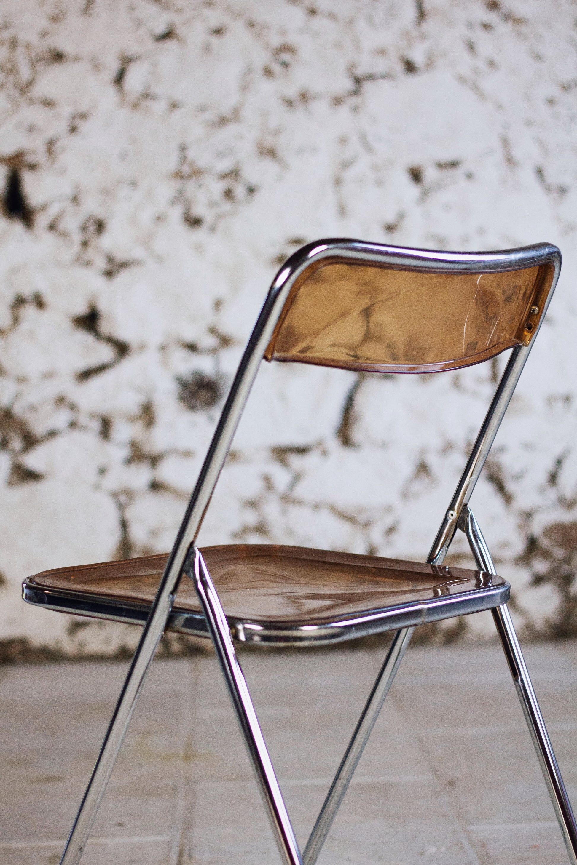 Set of 3 folding chairs in plexiglass and chrome, 1970.