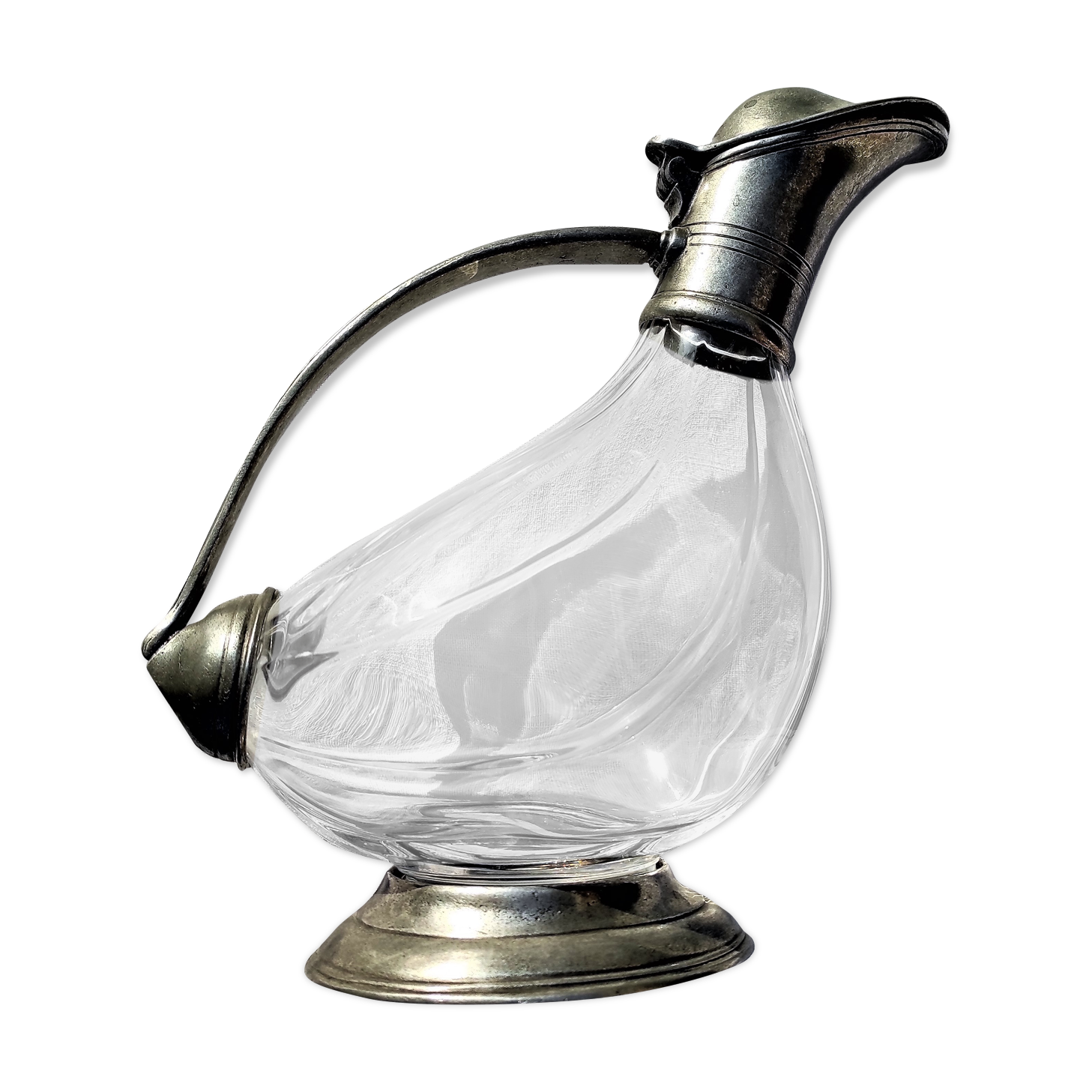 Old duck shaped decanter in crystal and tin