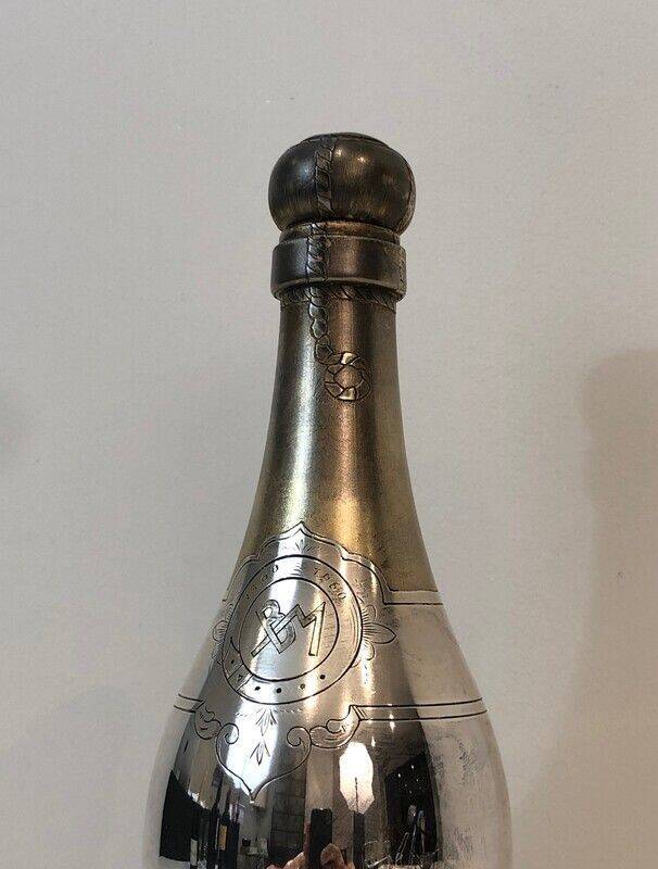 Rare silver-plated and brass shaker in the shape of a champagne bottle