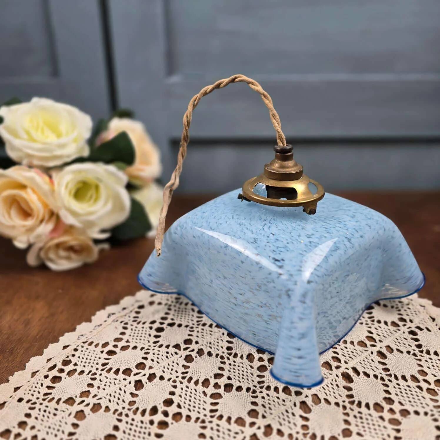 Antique blue speckled glass suspension in the style of Clichy – Draped shape