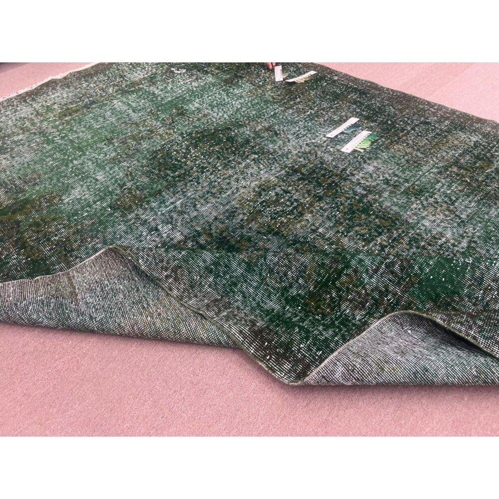 Vintage Hand-knotted Turkish Wool Area Rug Overdyed in Dark Green for Living Room
