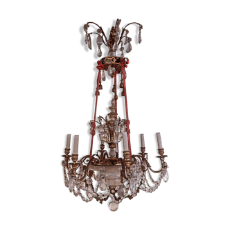 Large chandelier in gilded bronze with alabaster cut and pendants