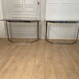 Pair of chrome metal consoles and smoked glass, Italy, 1970s