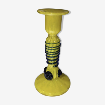 Soliflore jaune torsadé de verre bleu des années 60/70