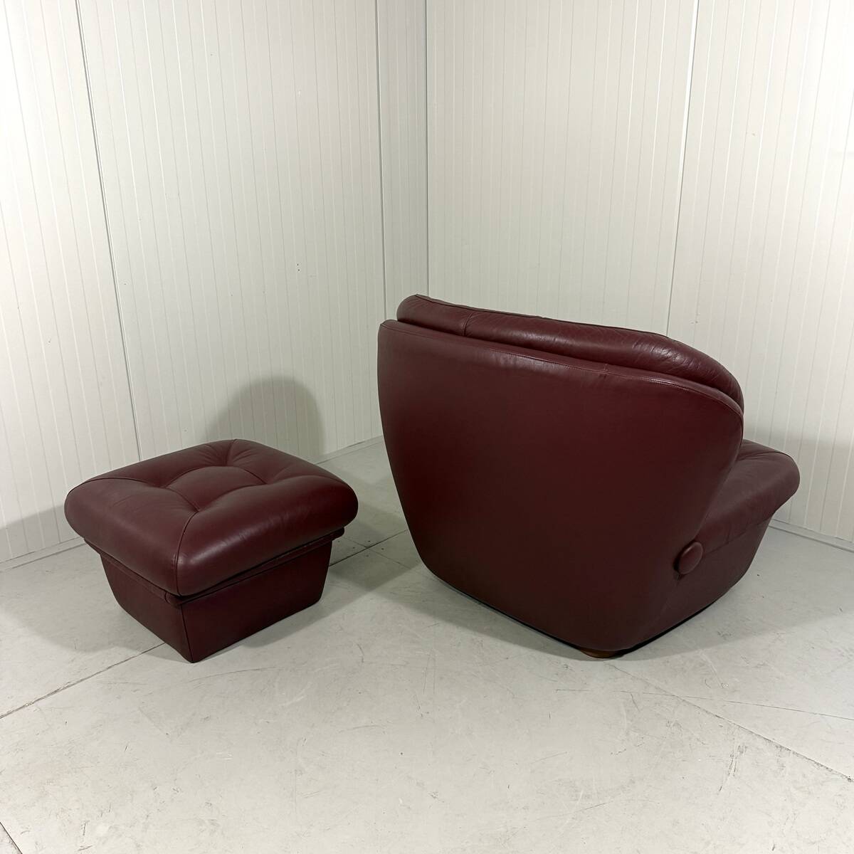 French burgundy leather space age lounge chair & footstool 1970’s