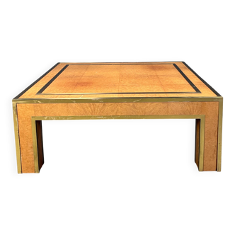 Brass and burl wood coffee table by Jean Claude Mahey, 1970s