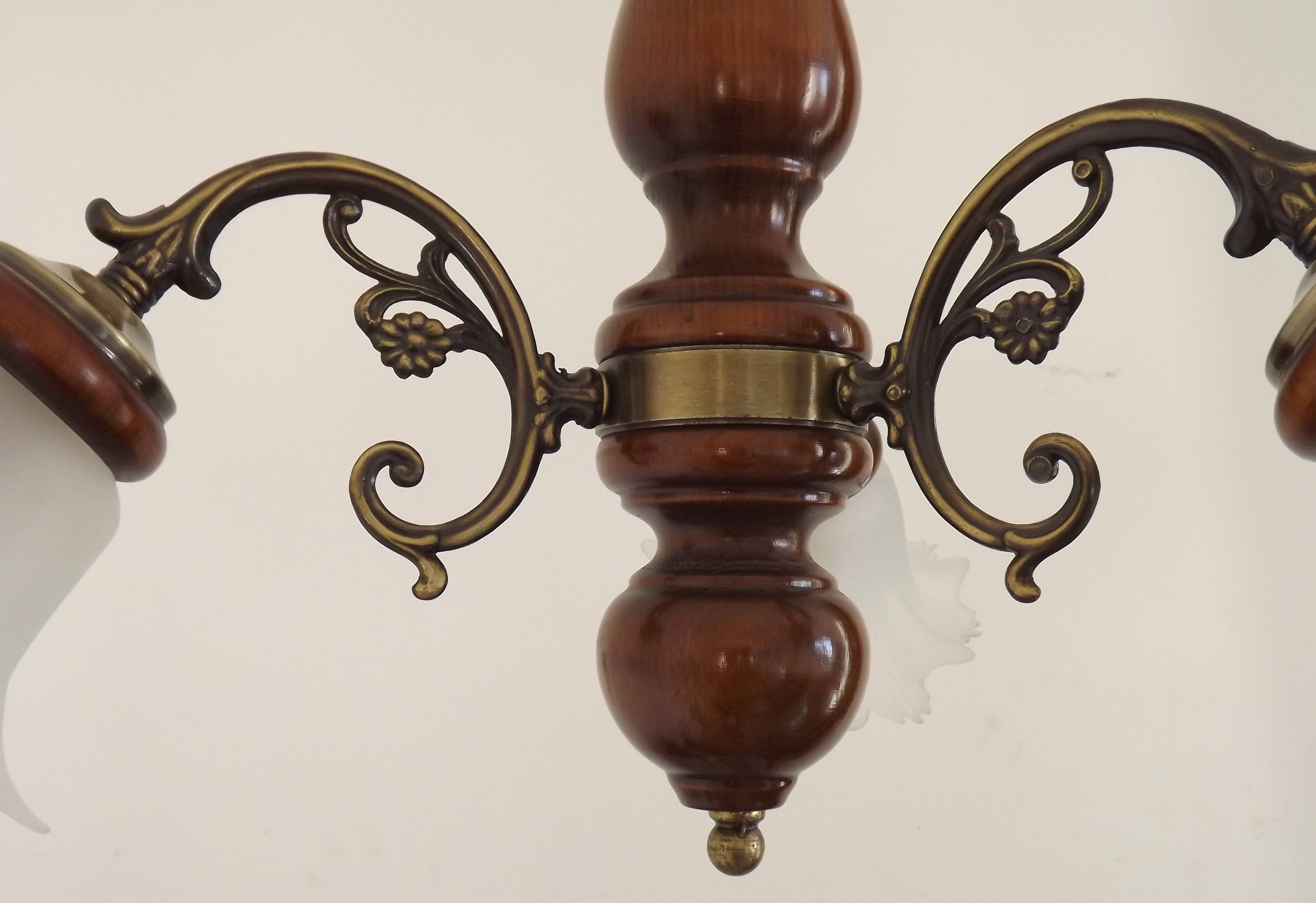 French Mid-Century 3-Light Wood and Bronzed Metal Chandelier with Glass Shades