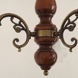 French Mid-Century 3-Light Wood and Bronzed Metal Chandelier with Glass Shades