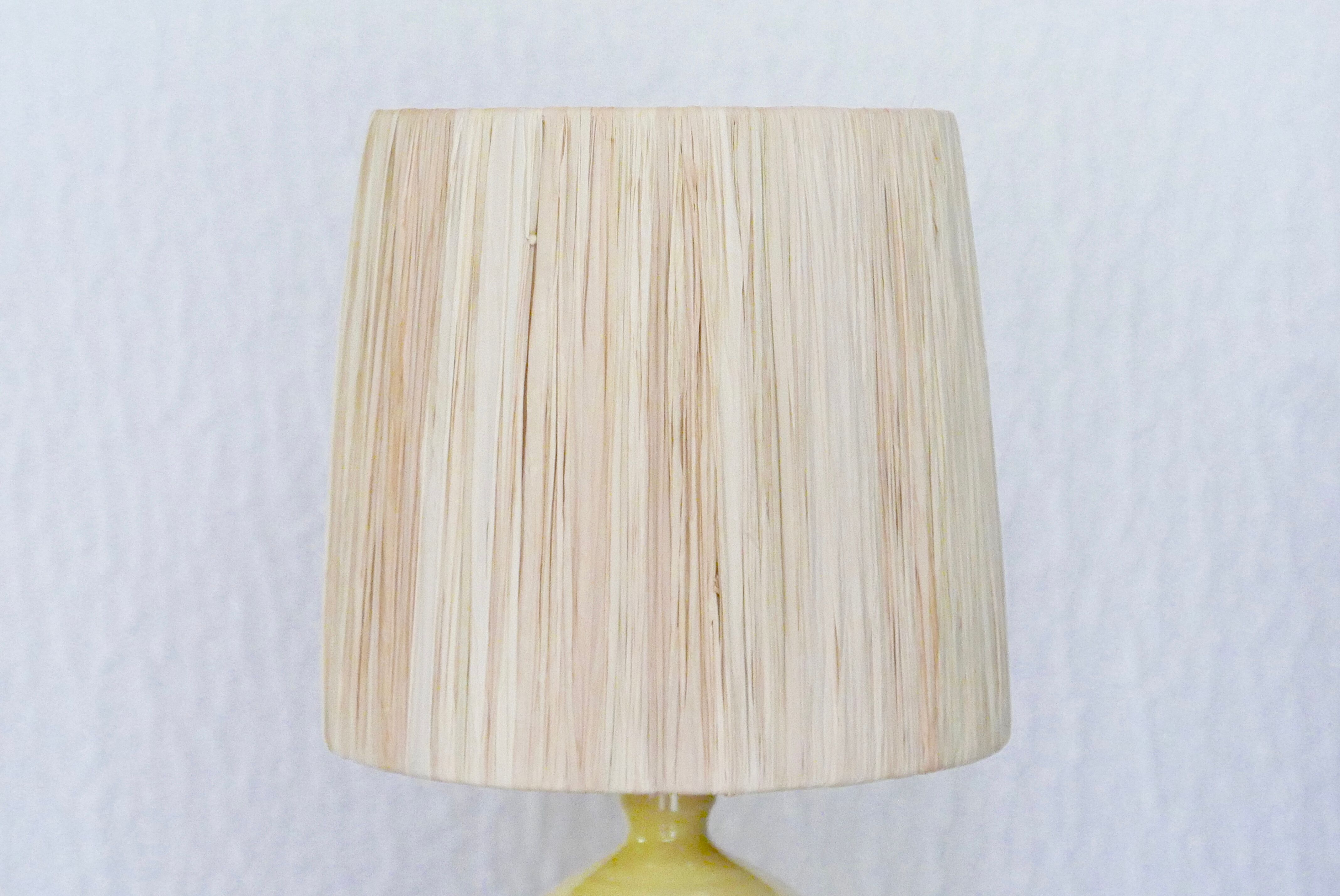 Yellow ceramic lamp, raffia lampshade, 60s