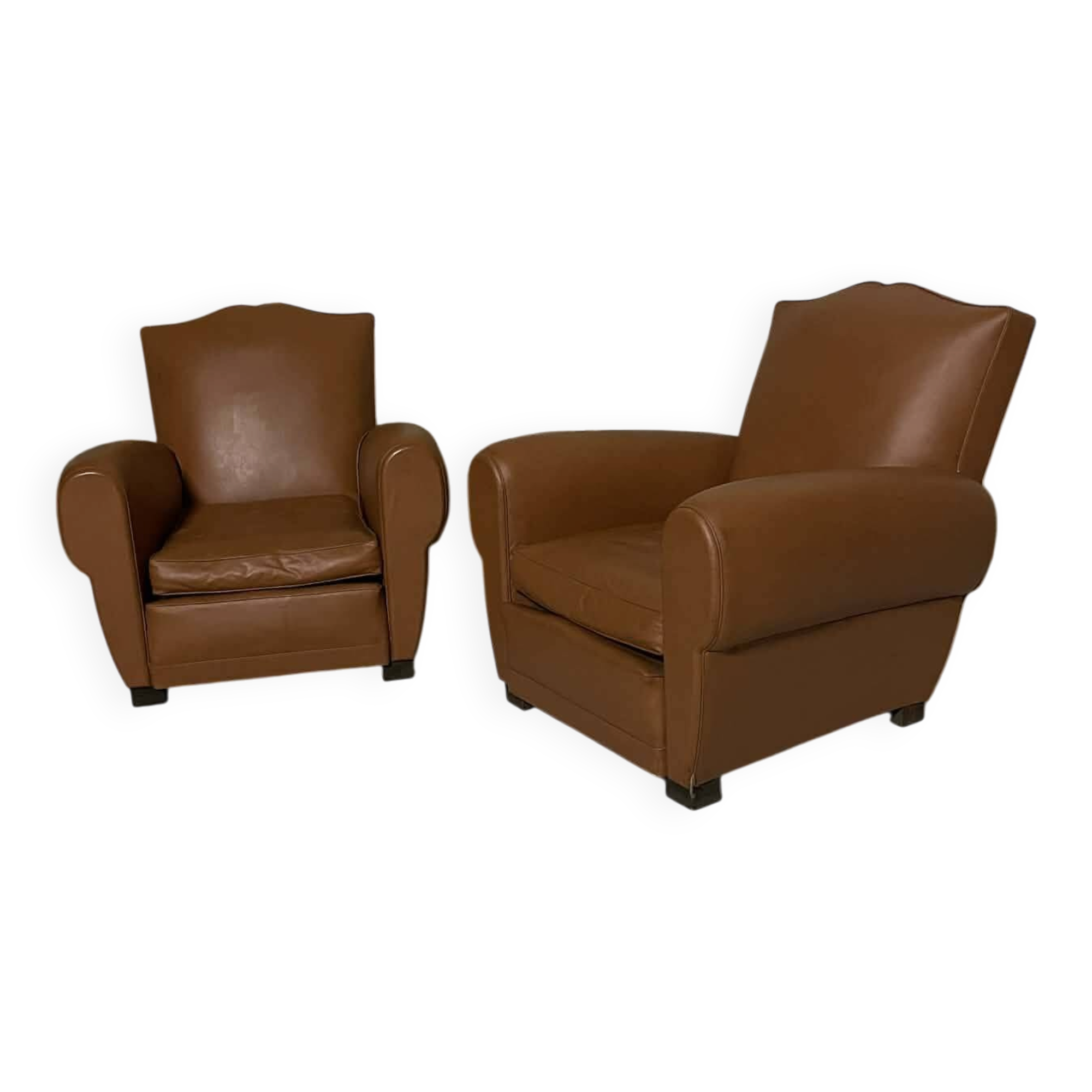 Pair of vintage club style armchairs in camel faux leather.