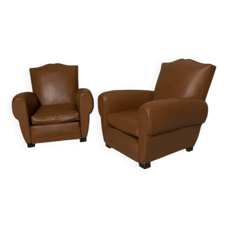 Paire de fauteuils vintage style club en simili cuir camel