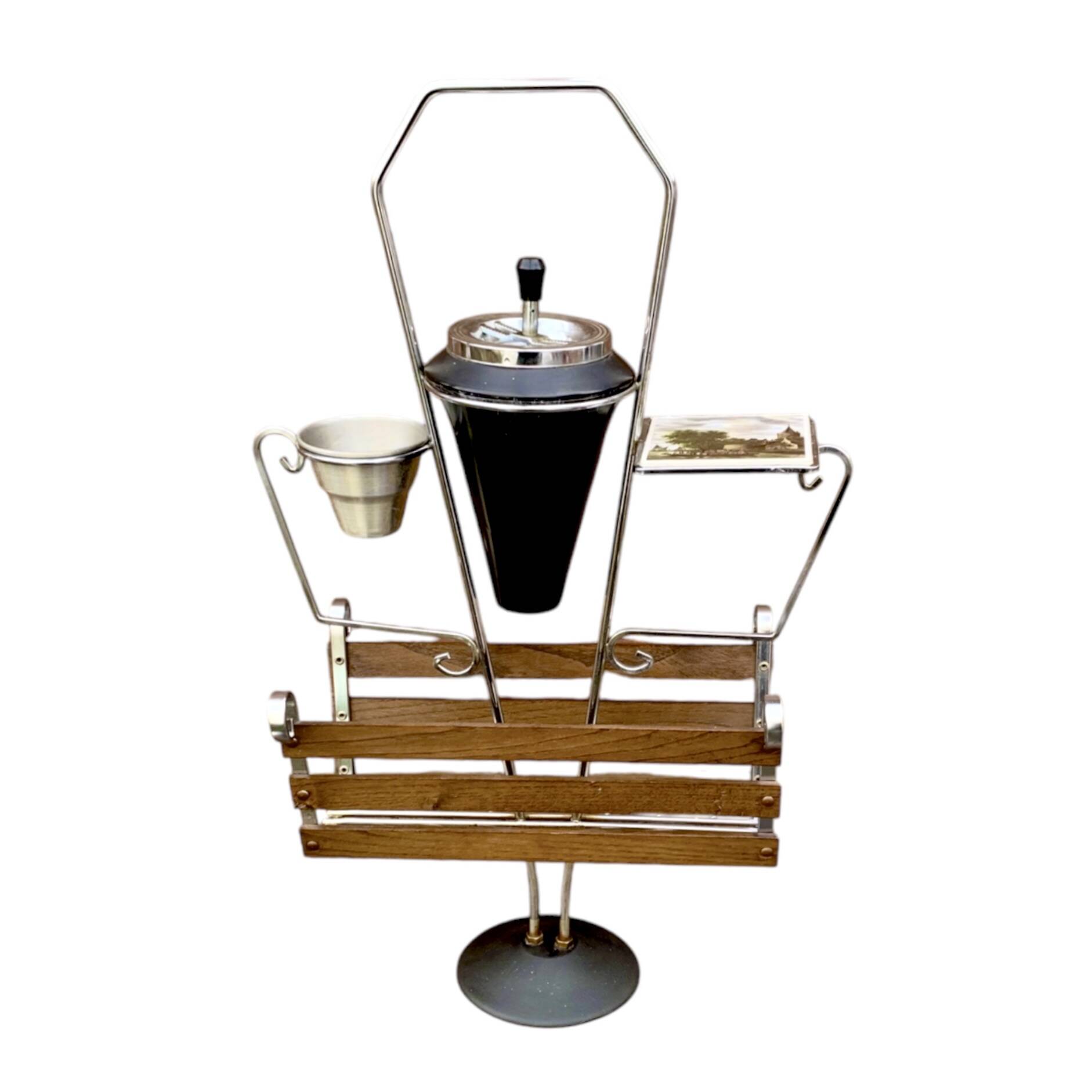 : Multifunctional magazine rack from the 50s-60s in chrome-plated metal and solid wood