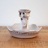 Ceramic Candlestick Holder, Vintage Studio Pottery, White & Brown Speckled