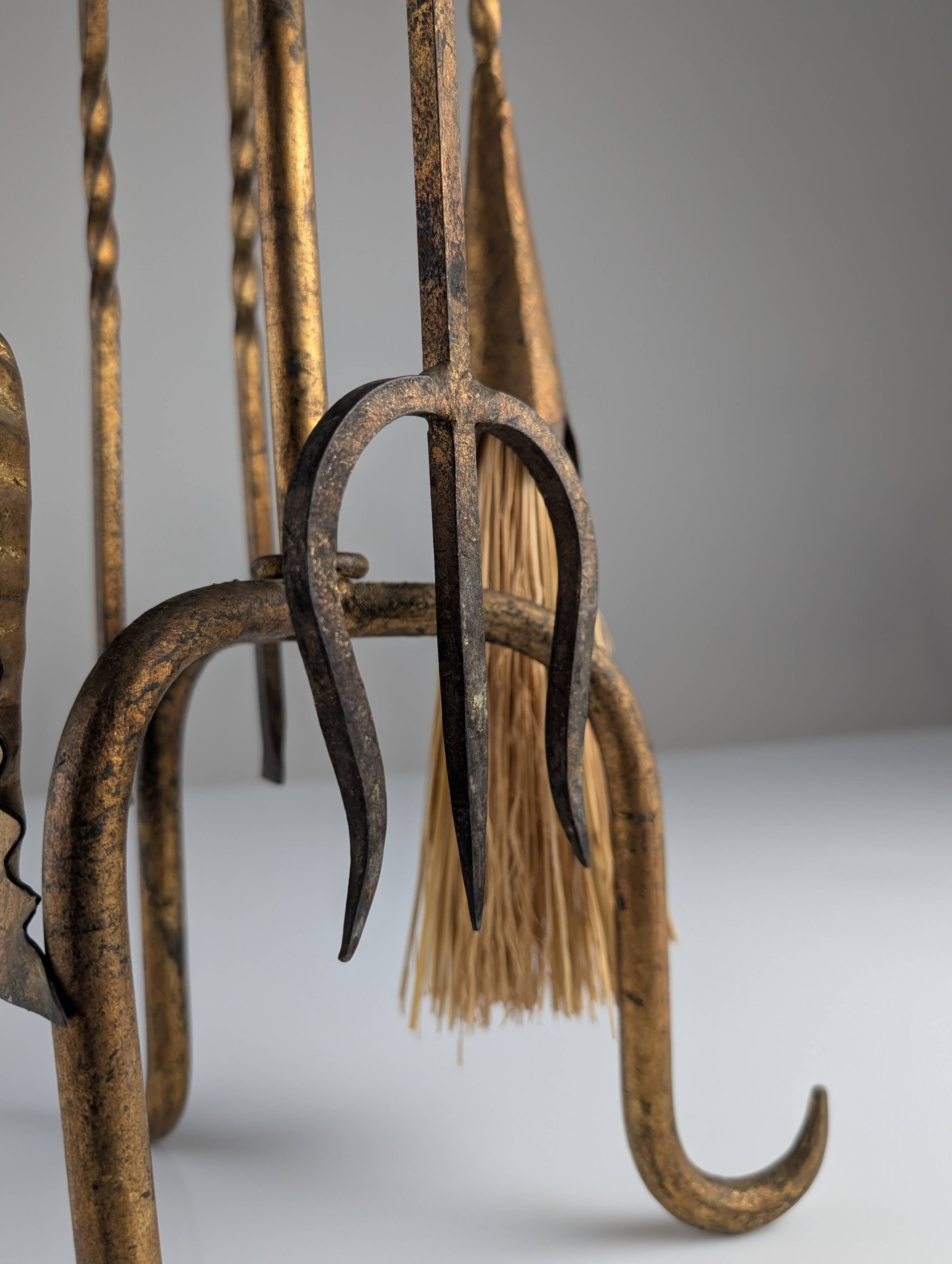 Sculptural Gilded Wrought Iron Fireplace Tool Set, 1960s