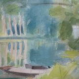 Tableau aquarelle barque dans marais signé j chabot
