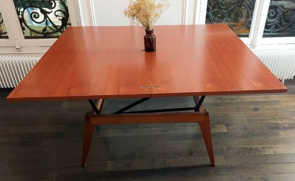 Table 3 en 1 portefeuille réhaussable en teck - modèle « Révélation » par Albert Ducrot - France, 1952