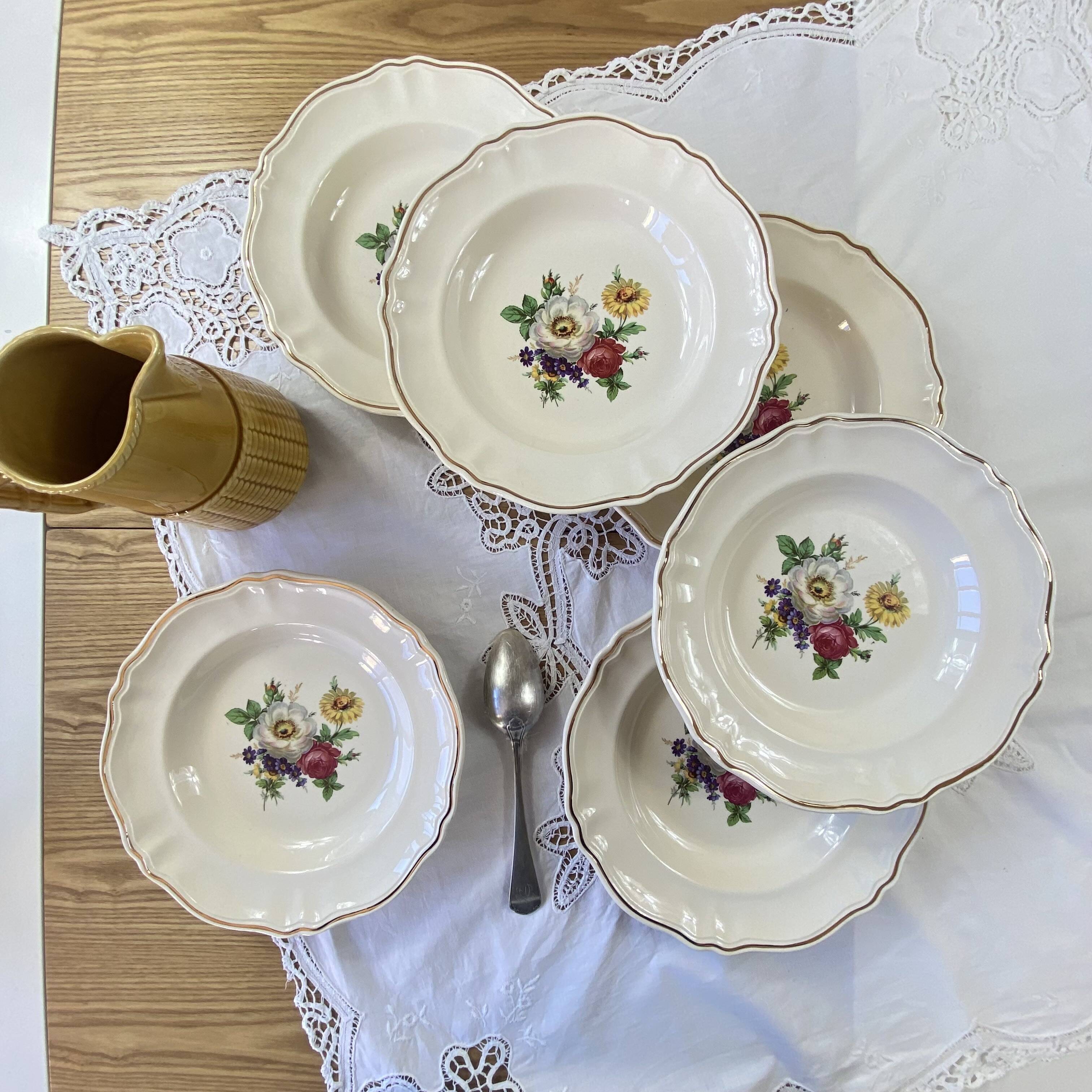 Set of 6 antique Badonviller earthenware soup plates with flowers and gilding