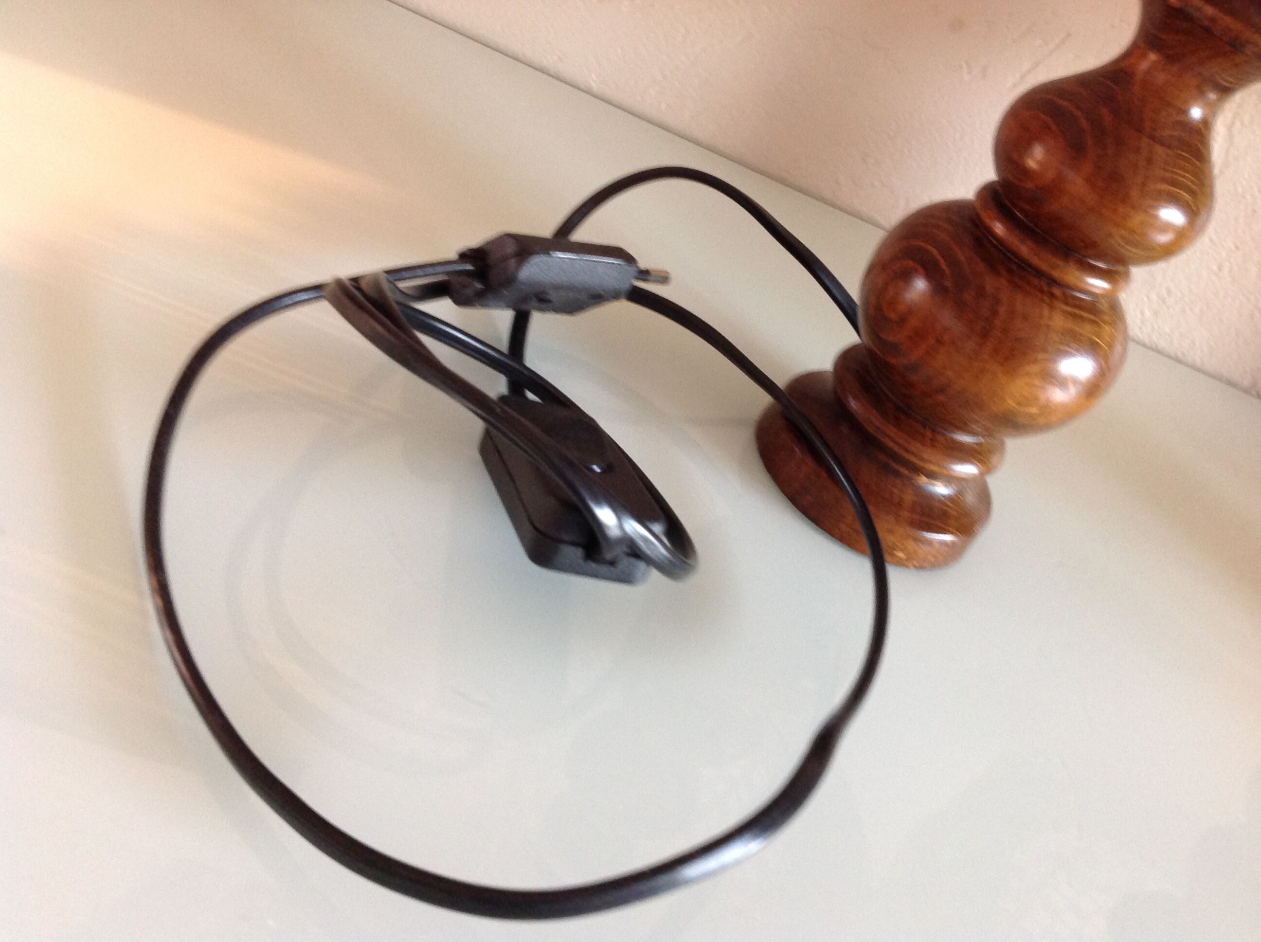 Pair of turned wooden bedside lamps and lace/vintage lampshade 60s-70s