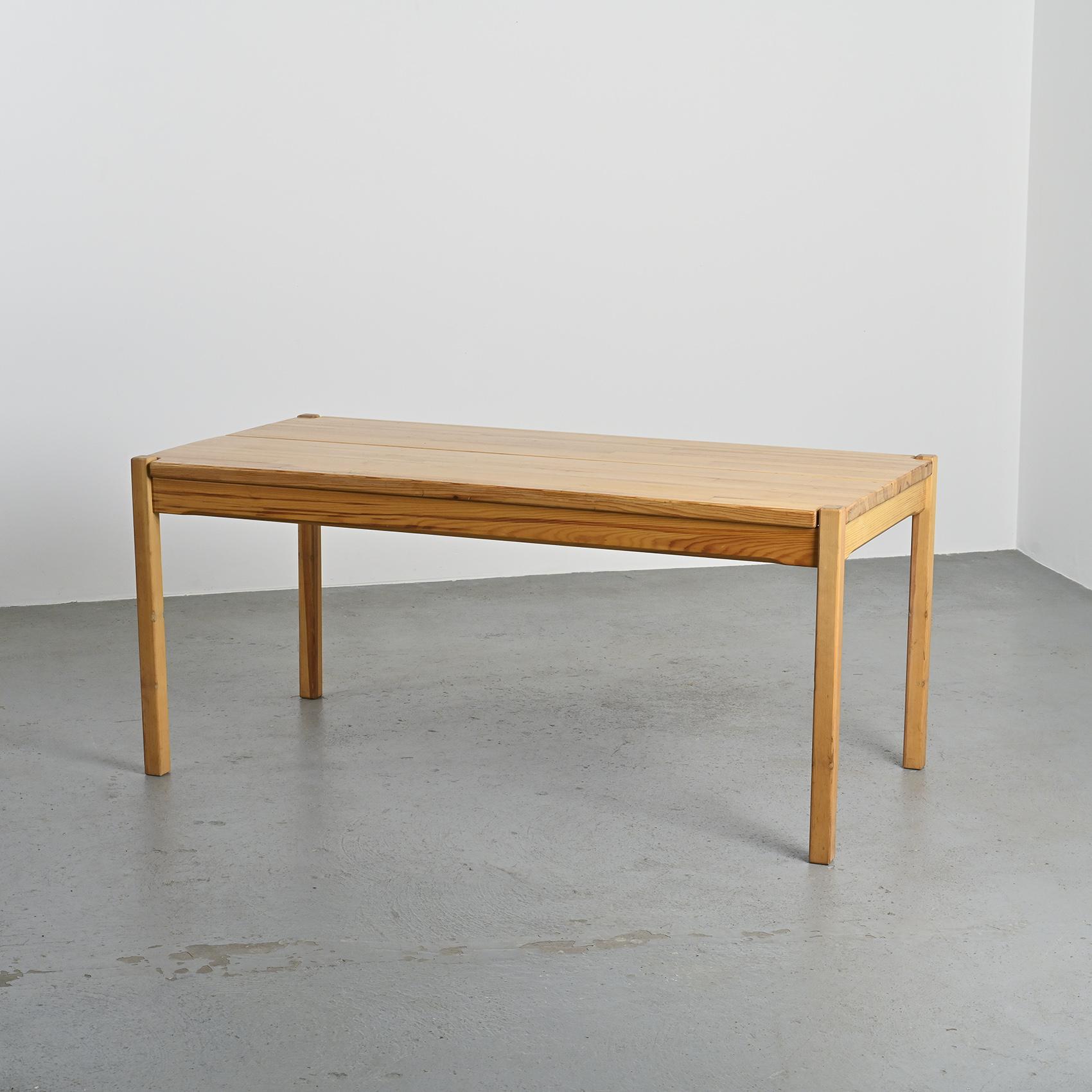 Table and two benches set in solid elm, France, circa 1980