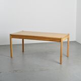Table and two benches set in solid elm, France, circa 1980