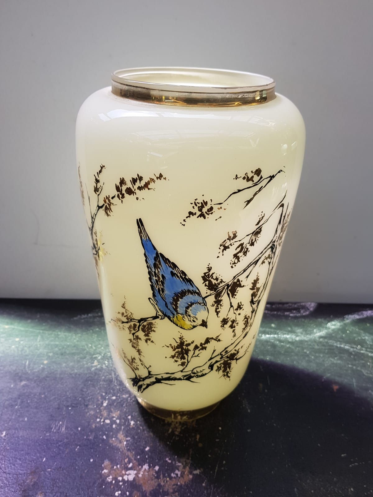 Old creamy white opaline vase with birds decor & vintage gilding