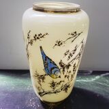 Old creamy white opaline vase with birds decor & vintage gilding