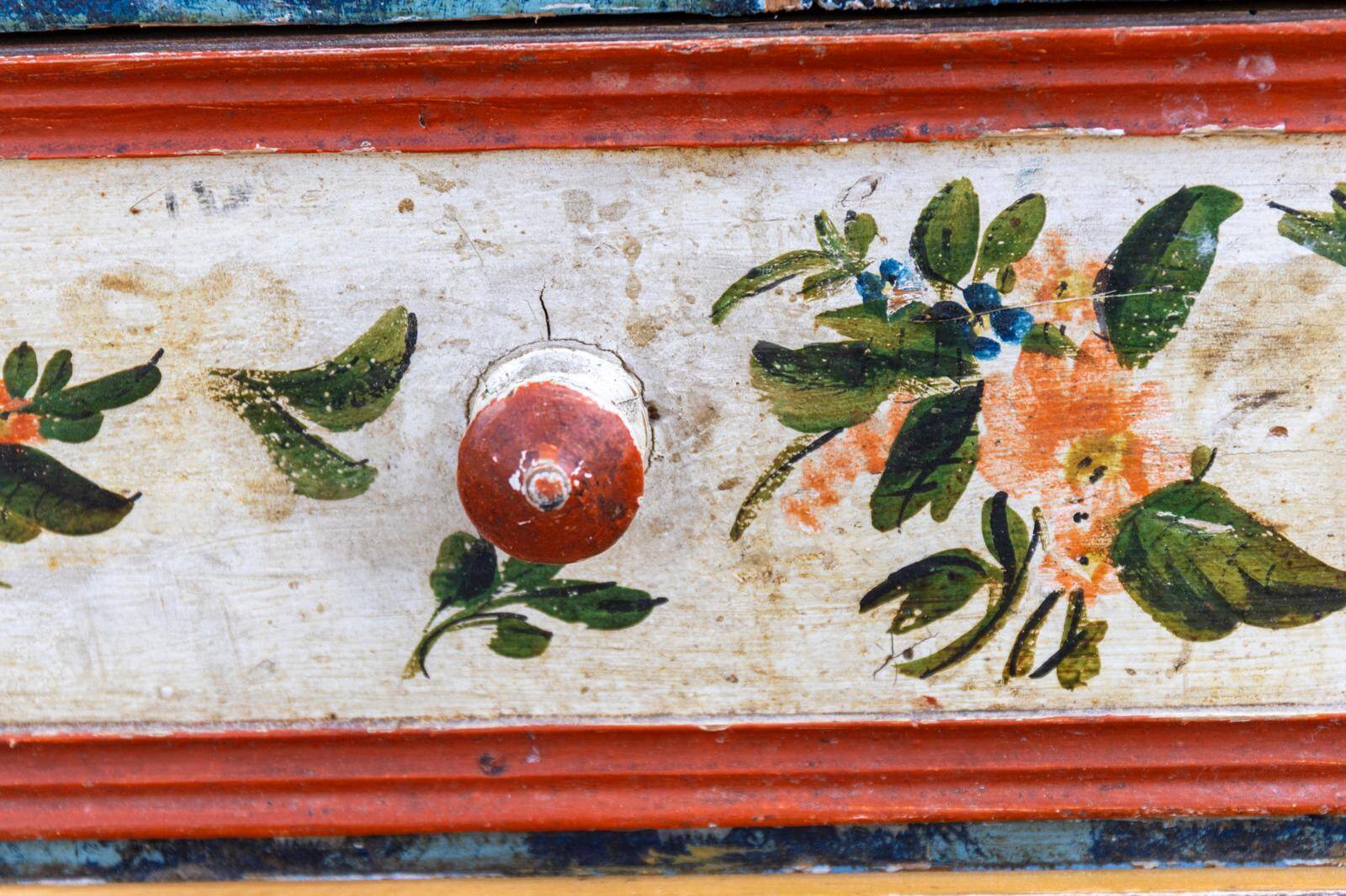 Antique hand-painted Baroque chest folk art cabinet dated solid wood Central Europe, 1865