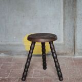 Tabouret vintage, tabouret bois, tabouret tripode pieds perlés, porte-plant