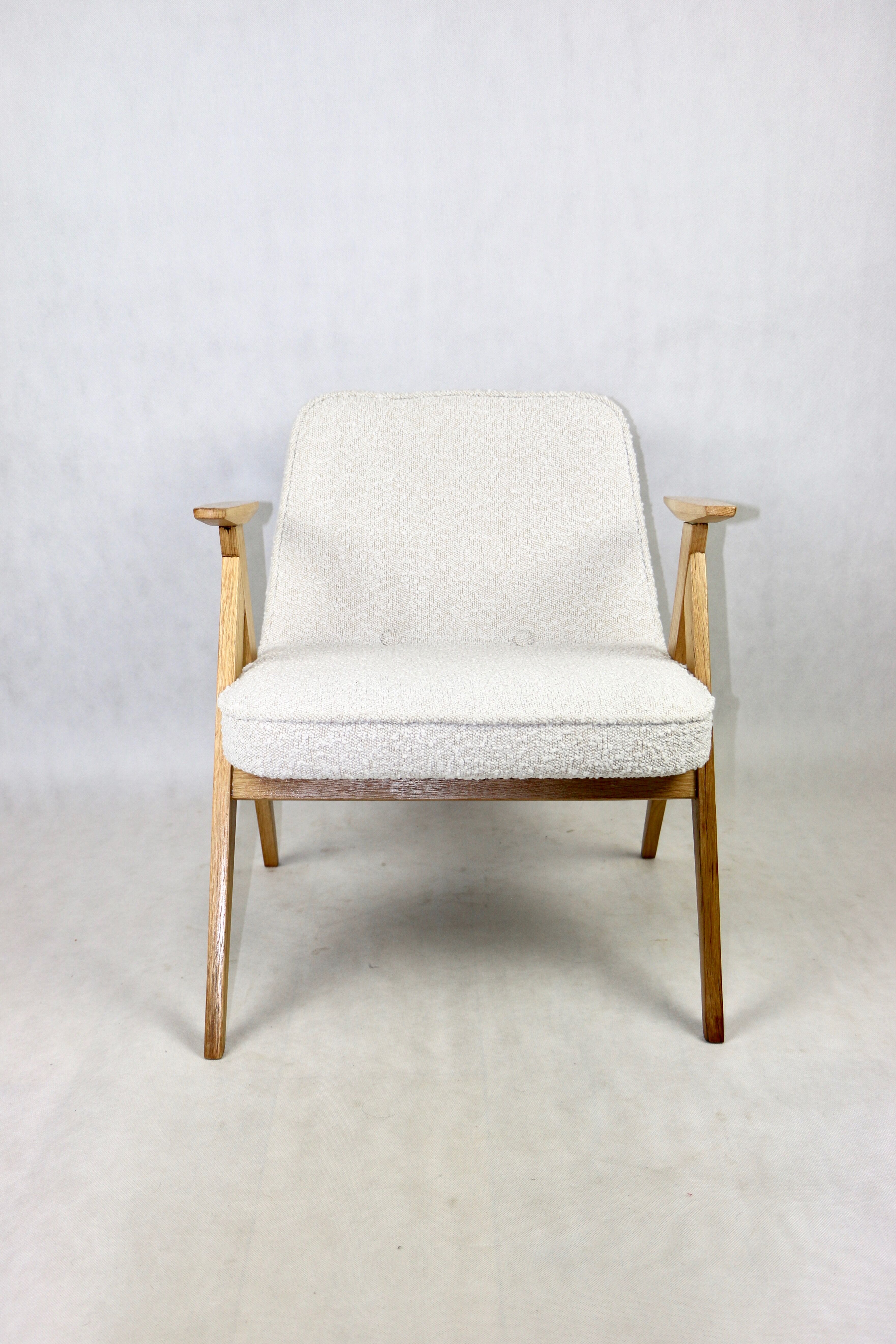 Pearl Boucle & Oak Armchair by Józef Chierowski, 1970s