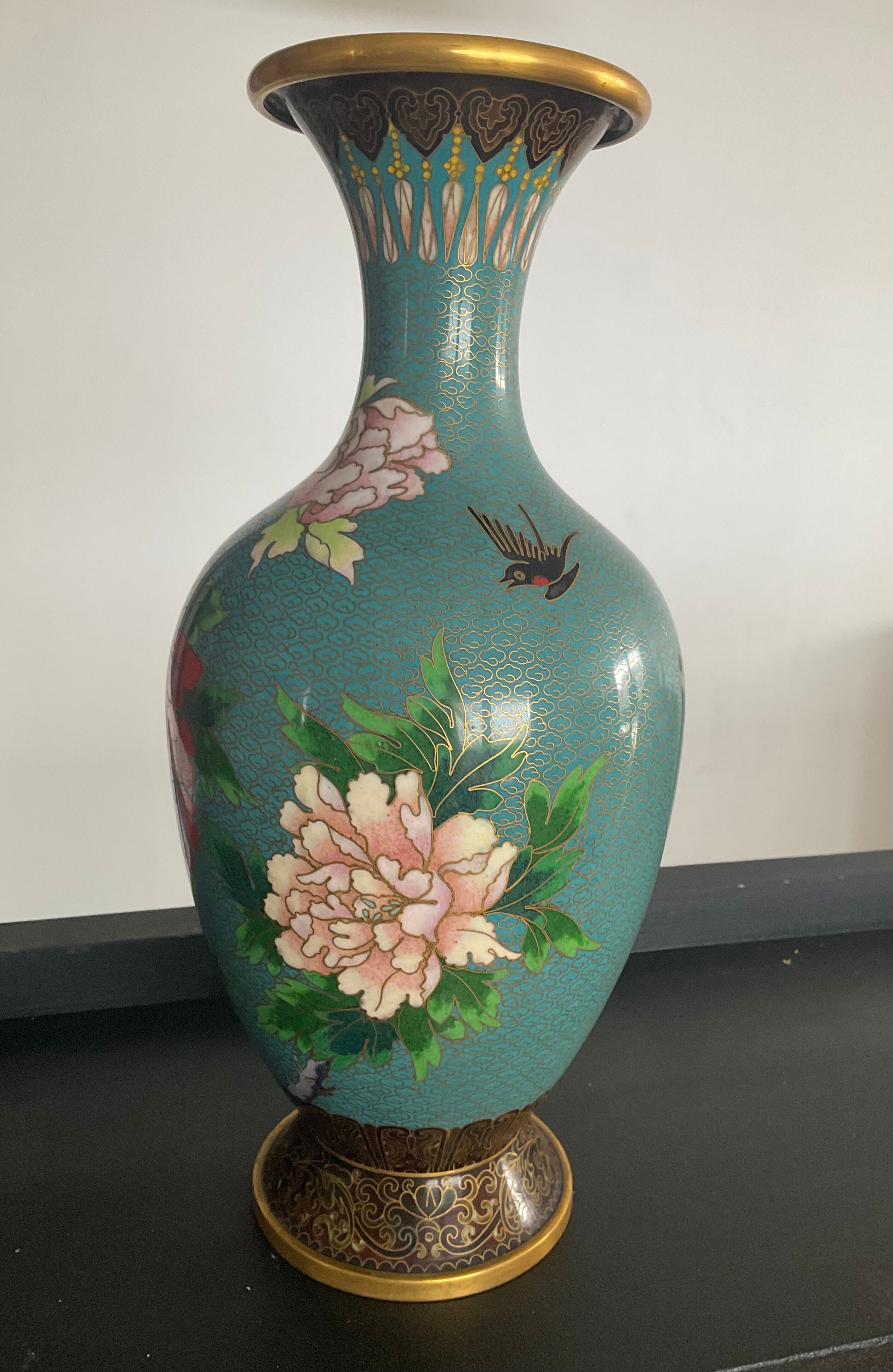 Vintage cloisonné vase in enamels and brass