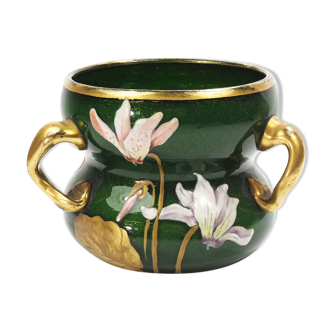 Vase art nouveau en verre aventurine émaillé vers 1900
