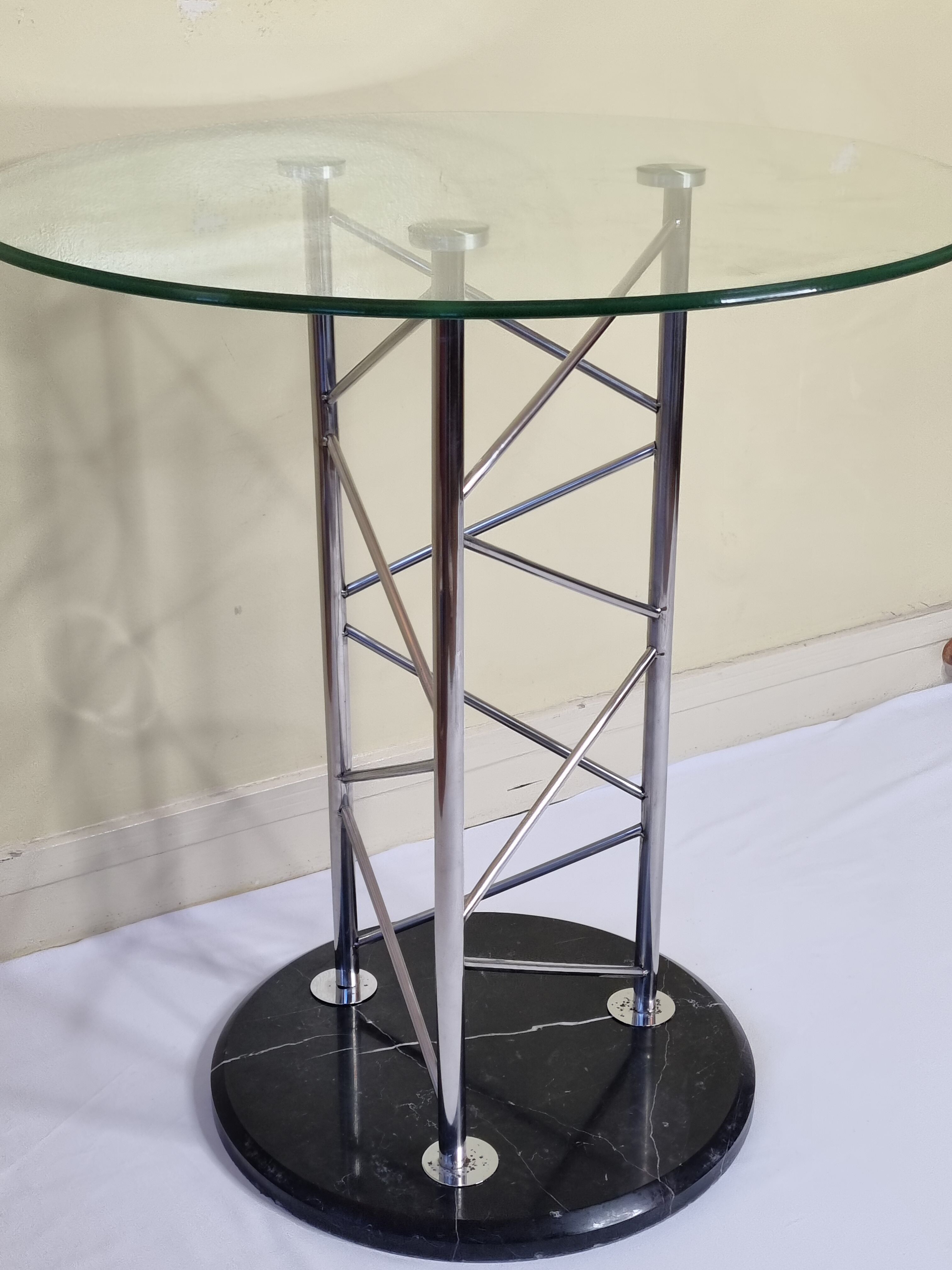 Side table "Eiffel" in glass and chrome steel with a marble base, 80s