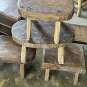 Small stool, rectangular solid teak side table with curved legs.