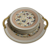 Dessert service, cake service, flowers and gilding, 6 plates and a vintage pie dish.