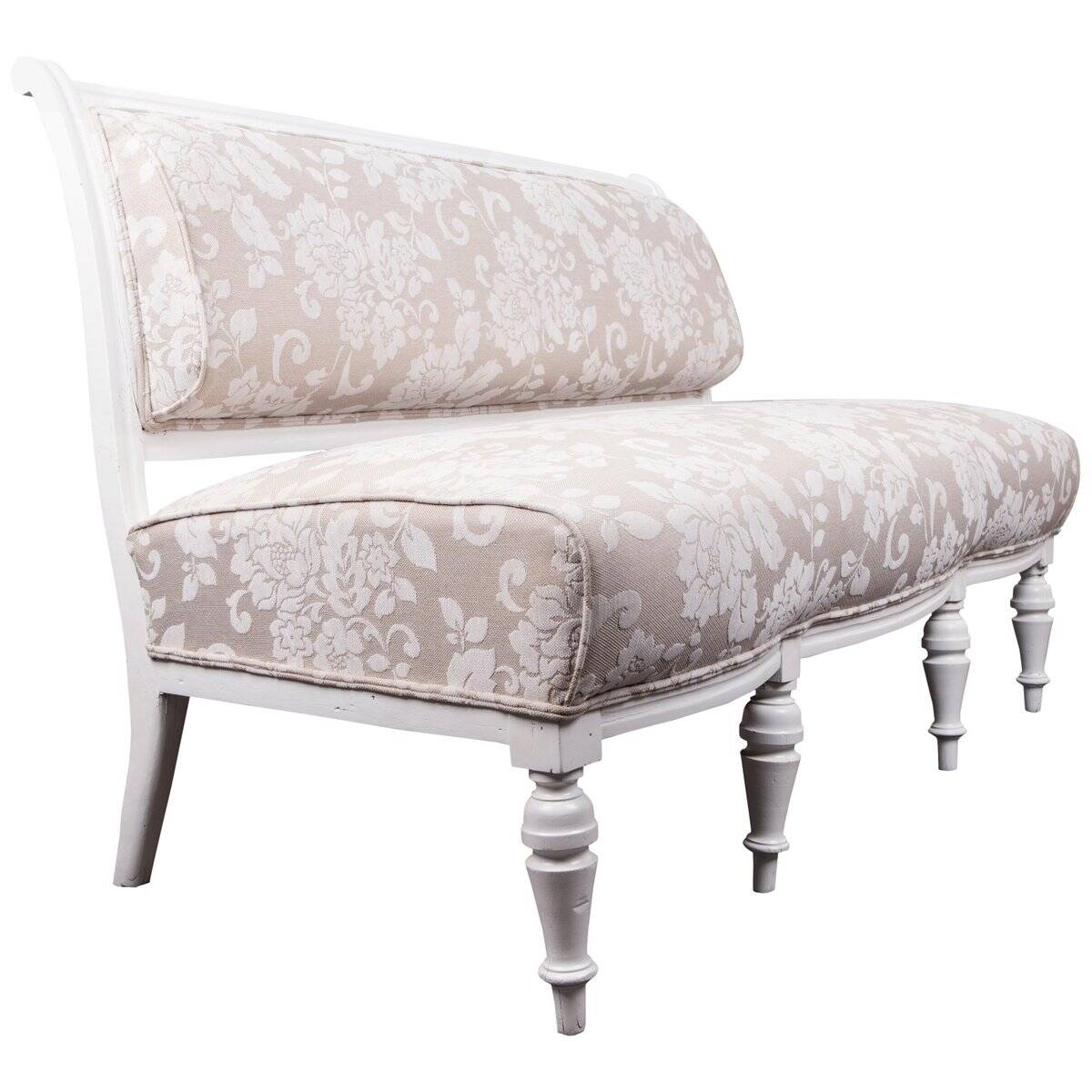 Two-seater canapé painted white with reupholstered beige fabric, wooden frame painted in 1890 style.