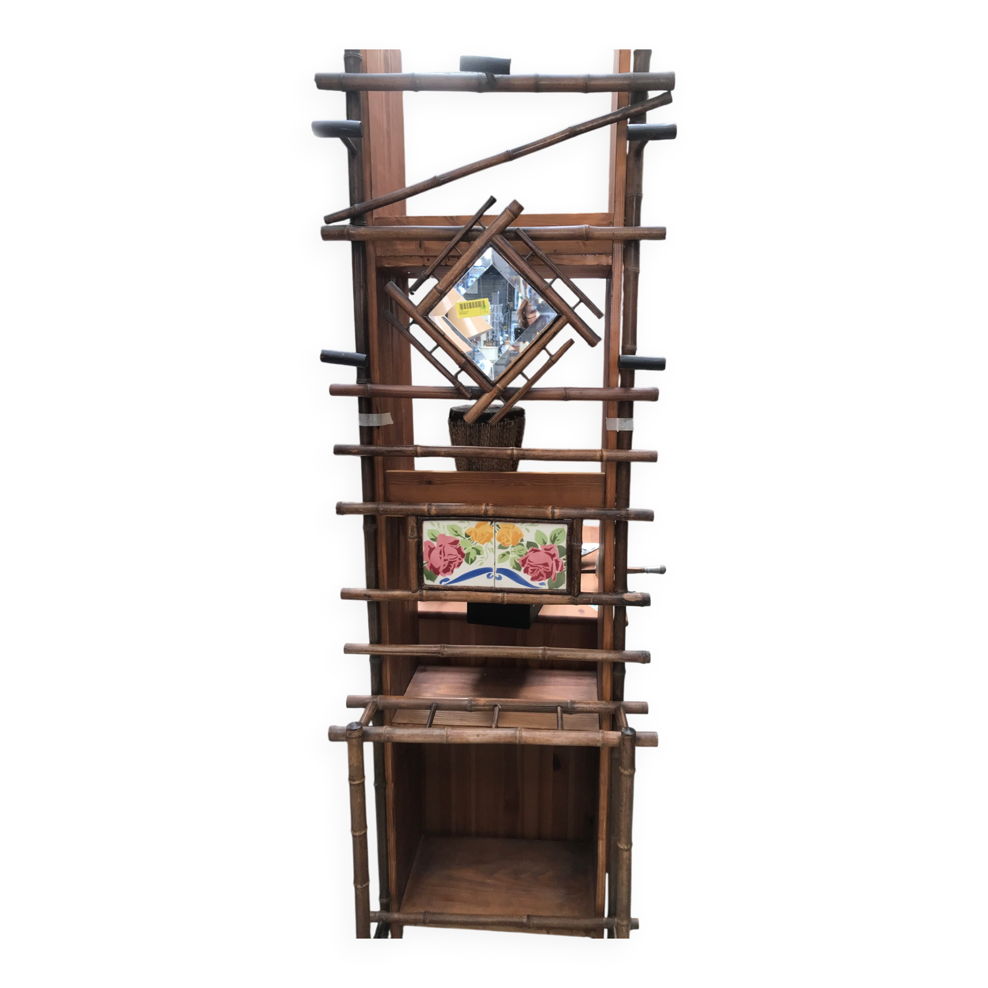 Bamboo coat rack and 1950s mirror